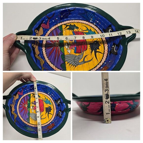 Vintage MEXICAN Ixtapa Terracotta Pottery Folk Art Hand Painted Large Bowl - Picture 8 of 8